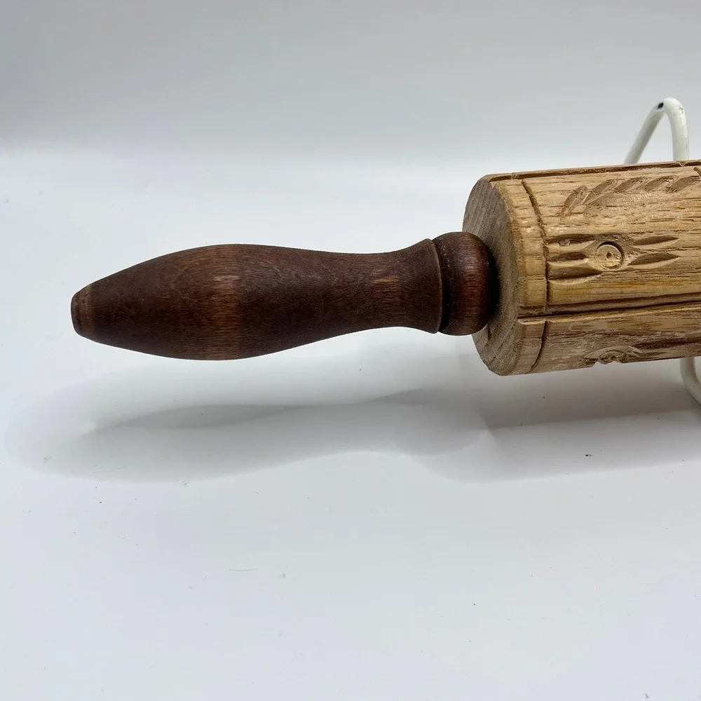 Vintage Hand Carved Wooden Springerle Rolling Pin Folk Art Cookie Mold Press